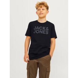 Jack & Jones Tricou baieti, din bumbac organic, Regular fit la baza gatului, JJECORP, Negru (SELECTATI MARIMEA: 176 cm)