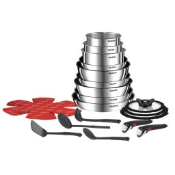 Set 22 piese Tefal Ingenio Emotion L897SM74, cratițe 16/18/20 cm, tigăi 22/24/26/28 cm, tigaie saute 24 cm, wok 26 cm, capace 16/18/20 cm, 2 mânere, 4 spatule, 4 protecții tigăi, argintiu