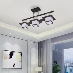 Lustra clasica Aramis cu lemn, abajur patrat alb-negru, 3xE27