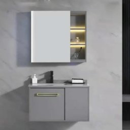 Set mobilier baie gri 60x47 cm, 3 piese cu lavoar din piatra si oglinda