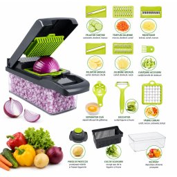 Tocator de legume multifunctional 12 în 1 manual, cu 8 lame inox