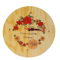 Ceas Va iubim finii nostri, din lemn, pictat cu trandafiri, cadou fini, culoare galben-pal OMIS004