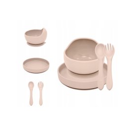 Set de hranire, petite&mars, cu farfurie, bol si tacamuri, din silicon fara bfa, bej