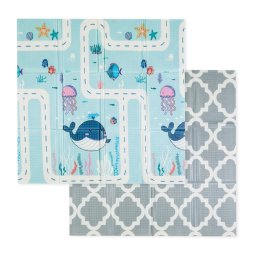 Covoras educativ, petite&mars, campy s, din spuma xpe non-toxica, cu doua fete, suprafata antiderapanta, 120x120 cm, pliabil compact 40×30×13 cm, model animalute si forme geometrice