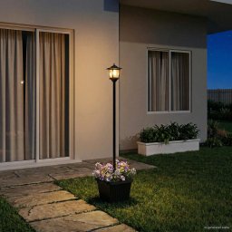 Stalp cu lampa solara si ghiveci Negru 32 x 32 x 158 cm GartenMobel Dekor
