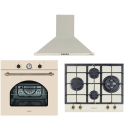 Pachet Samus Cuptor incorporabil Samus SC620VTV, Electric 58 L + Plita incorporabila Samus PSG-64VG1, Gaz, 4 arzatoare, Arzator WOK, Aprindere electrica + Hota decorativa Samus HS604DHR, 400 m3/h, 166 W, 60 cm latime, Bej