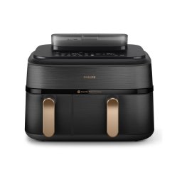 Friteuza dubla cu aer cald si abur Philips Airfryer Seria 5000 NA552/00, 2750 W, 2 cosuri de gatit, capacitate 9L, afisaj digital, ecran tactil, 12 programe presetate, tehnologie RapidAir Plus, Air Steam, Negru-Aramiu
