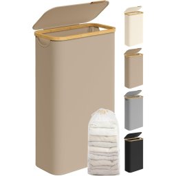 Cos pentru rufe Songmics, panza Oxford/bambus, maro/natur, 42 x 22,5 x 70,5 cm, 65L, Resigilat, Grad A