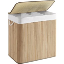 Cos pentru rufe Songmics, 3 compartimente, bambus/textil/metal, natur, 60 x 40 x 61,5 cm, Resigilat, Grad A