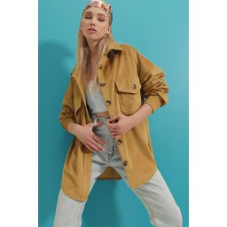 Trend Alaçatı Stili Women's Camel Velvet Cotton Double Pocket Oversize Jacket Shirt