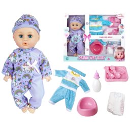 Set Papusa mov fara par, 33 cm, cu olita, haine de schimb si sunete in limba romana, +3 ani
