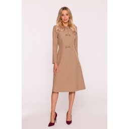 Rochie midi elegantă pentru femei, în formă de A, cu funde decorative - bej