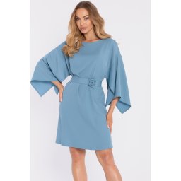 Rochie de damă cu mâneci largi și curea decorativă - albastră