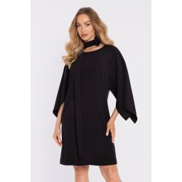 Rochie de damă cu mâneci largi și curea decorativă - neagră