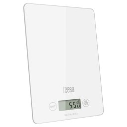 Cantar de bucatarie Teesa din sticla alba, 5 kg, precizie 1 g, LCD