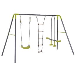 Complex de joaca pentru copii cu leagan simplu, dublu si scara, verde