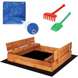 Lada de nisip pentru copii din lemn, cu 2 bancute rabatabile, 120x120 cm