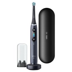 Periuta de dinti electrica Oral-B iO8 cu Tehnologie Magnetica si Micro-Vibratii, Inteligenta artificiala, Display led interactiv, Senzor de presiune Smart, Timer vizibil, 6 moduri, 1 capat, Suport rezerve, Incarcator magnetic, Trusa de calatorie, Negru