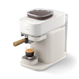 Espressor semi-automat Philips Baristina BAR302/20, 1550 W, Rezervor apa 1.2 l, Rasnita incorporata, Recipient boabe 170 gr, Portafiltru maro, Alb