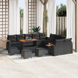 Gossi set de canapea de gradina cu 13 piese cu perne negru ratan poli acacia, Gossi set de dining de gradina cu 3 piese cu perne negru ratan poli acacia