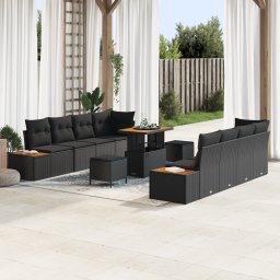 Gossi set de sofa pentru gradina cu 11 piese cu perne negru poli ratan acacia, Gossi set de dining pentru gradina cu 3 piese cu perne negru poli ratan acacia