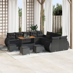 Gossi set de sofa pentru gradina cu 13 piese cu perne negru ratan poli acacia, Gossi set de dining pentru gradina cu 3 piese cu perne negru ratan poli acacia