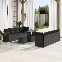 Set canapea gradina 11 piese cu perne negru ratan poly acacia, set dining gradina 3 piese cu perne negru ratan poly acacia