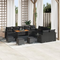 Set canapea gradina Gossi cu perne negre din ratan sintetic si acacia, set dining gradina Gossi cu 4 piese, perne negre din ratan sintetic si acacia