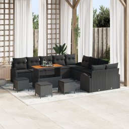Set canapele gradina Gossi, 13 piese, cu perne, ratan negru, acacia, canapea gradina Gossi, 2 locuri, cu perne, ratan negru, polimerizat, set dining gradina Gossi, 3 piese, cu perne, ratan negru, acacia