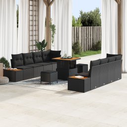 Set de canapea de gradina Gossi cu perne, negru, ratan poli, acacia, set de dining de gradina Gossi cu perne, negru, ratan poli, acacia