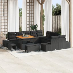 Set de canapea de gradina Gossi, 13 piese cu perne din ratan poli negru si acacia, canapea de gradina Gossi pentru 2 persoane cu perne din ratan poli negru, set de dining de gradina Gossi, 3 piese cu perne din ratan poli negru si acacia