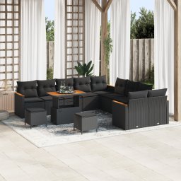 Set de canapea gradina Gossi 13 piese cu pernute negru ratan polimer acacia, set dining gradina Gossi 3 piese cu pernute negru ratan polimer acacia