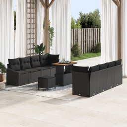 Set de canapea pentru gradina Gossi cu 11 piese cu perne negru poliratan acacia, canapea gradina Gossi cu 2 piese cu perne negru poliratan, set mese gradina Gossi cu 3 piese cu perne negru poliratan acacia