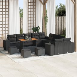 Set de canapele pentru gradina Gossi cu 14 piese si perne din ratan polirat negru acacia, set de dining pentru gradina Gossi cu 4 piese si perne din ratan polirat negru acacia