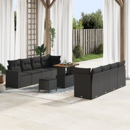 Set de sofa pentru gradina Gossi cu 11 piese cu perne negru poliratan acacia, set de masa pentru gradina Gossi cu 3 piese cu perne negru poliratan acacia