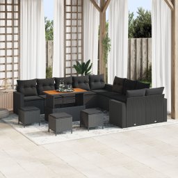 Set de sofa pentru gradina Gossi cu 13 piese si perne poliratan negru acacia, set de mese de gradina Gossi cu 3 piese si perne poliratan negru acacia