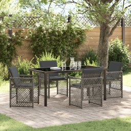 Set dining gradina Gossi cu perne gri din poly ratan, masa gradina Gossi neagra 160x80x73 cm din sticla securizata