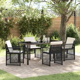 Set mese gradina Gossi 5 piese cu perne negru poly rattan, masa gradina Gossi neagra 160x80x73 cm sticla temperata