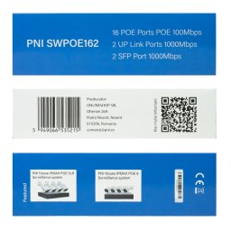 Switch POE PNI SWPOE162, 16 porturi POE 100 Mbps, 2 porturi UP Link 1000 Mbps, 1 port SFP 1000Mbps, 240W, functie AI Extend pana la 250m, protectie fulger 4kV