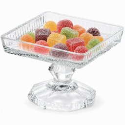 Bomboniera Pufo Candy din sticla cu picior, suport elegant pentru lumanare, bomboane, prajituri si gustari, 10 cm