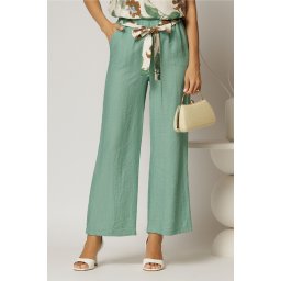 Pantaloni verde menta din viscoza cu croi lejer si cordon cu print