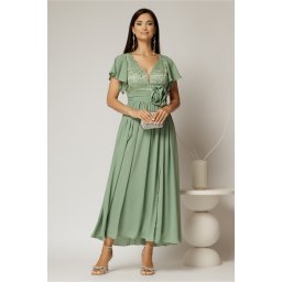 Rochie lunga verde fistic de ocazie cu broderie la bust si detaliu in talie