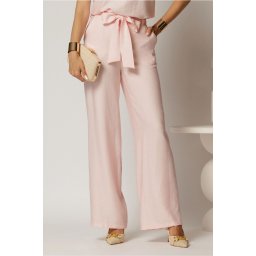 Pantaloni roz din rayon cu croi lejer si cordon in talie