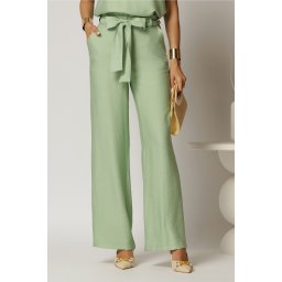 Pantaloni verde fistic din rayon cu croi lejer si cordon in talie