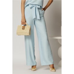 Pantaloni bleu din rayon cu croi lejer si cordon in talie