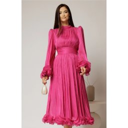 Rochie midi fucsia de ocazie din voal peliculizat cu maneci ample cu volanase