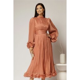 Rochie midi roz coniac de ocazie din voal peliculizat cu maneci ample cu volanase