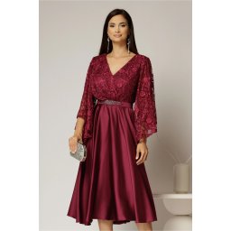Rochie midi magenta de ocazie din satin si dantela