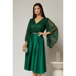 Rochie midi verde de ocazie din satin si dantela