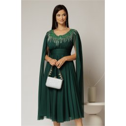 Rochie midi verde de ocazie din tul cu aplicatii la decolteu si maneci lungi